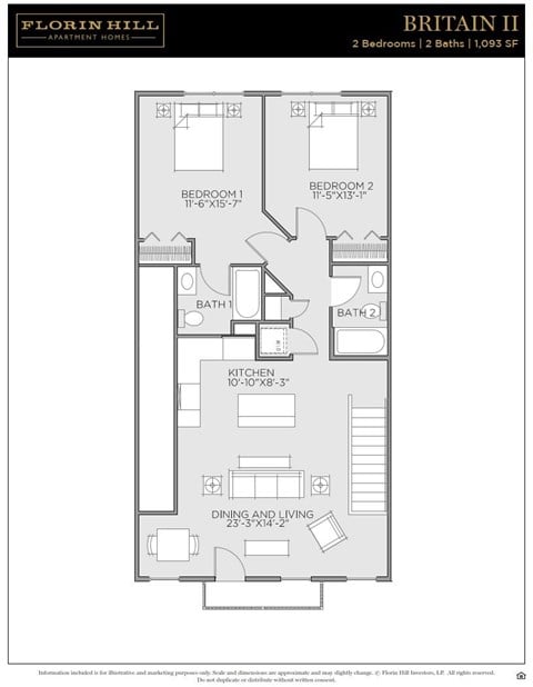 Floor plan for 2 beds, 2 baths, 1093 sqft